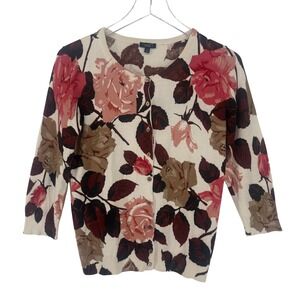 Talbots Cardigan Sweater Womens S Ivory Floral Silk Cotton Blend 3/4 Sleeve